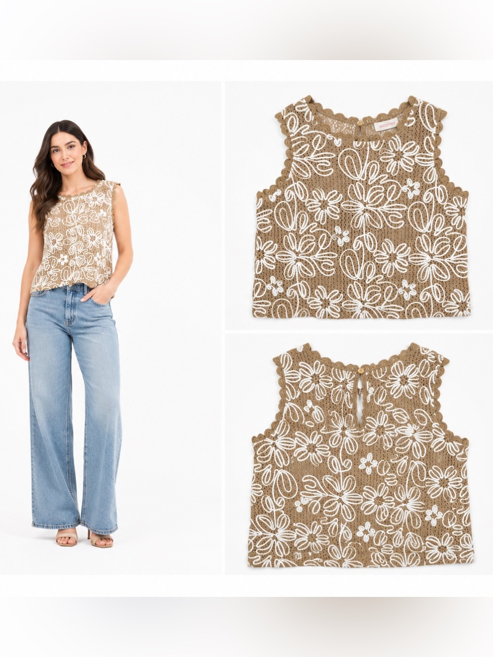 Solitaire Tan White Crochet Floral Embroidered Lace Top M